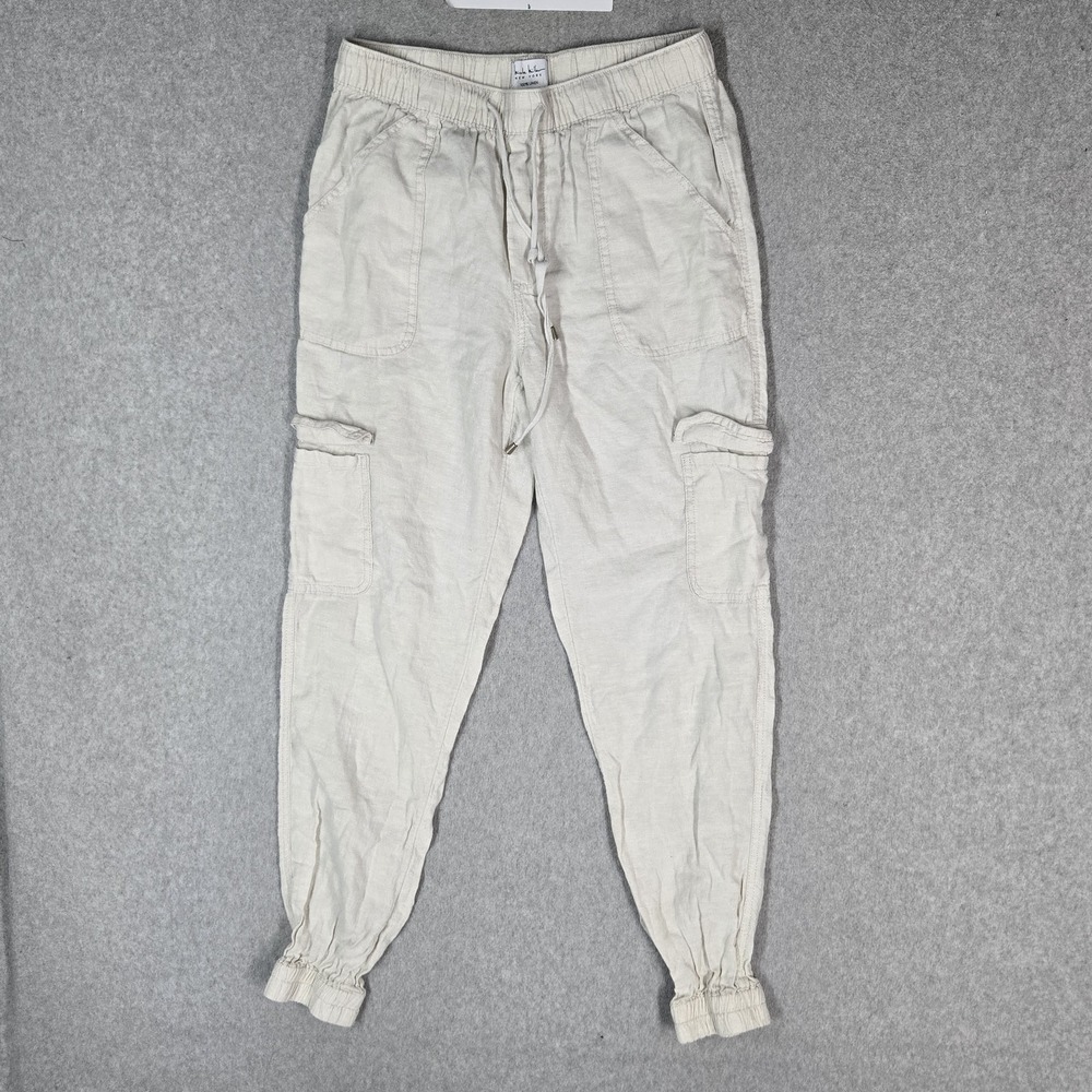 Nicole Miller New York Women Pants S Beige Linen Cargo Jogger 27.5"‎ Inseam